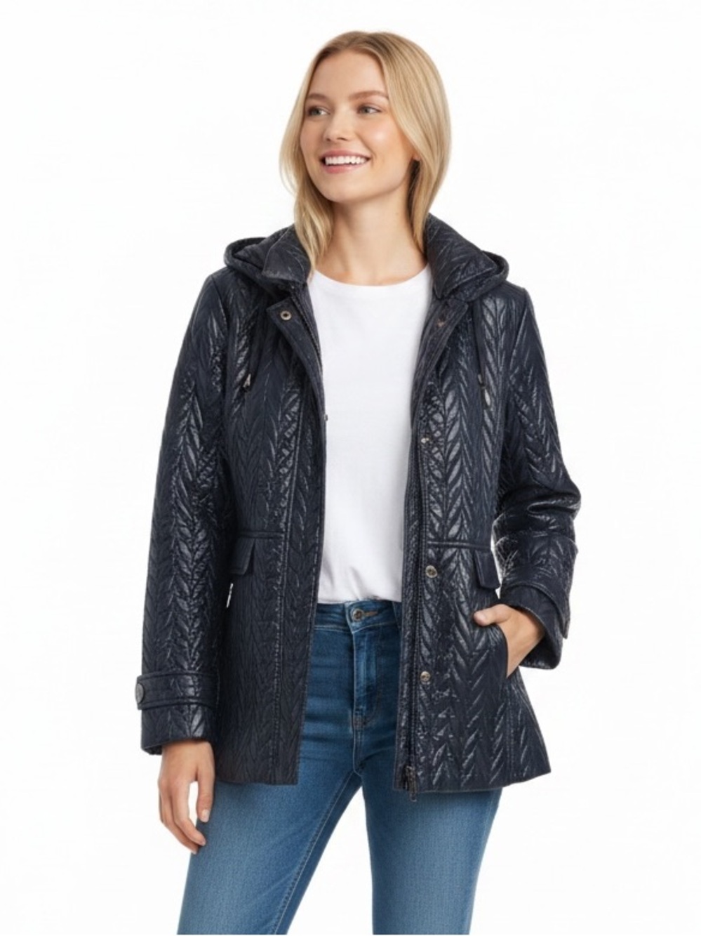 Kate Spade Navy Blue Herringbone Quilted Hood Puffer Jacket Small